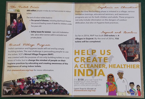 The interior of Share & Care Foundation's postcard that aimed to raise money for toilets in India.