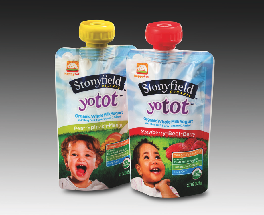 Stonyfield Organic yogurt pouches with a fitment, manufactured by Clear Lam. Photo courtesy of the Flexible Packaging Association.